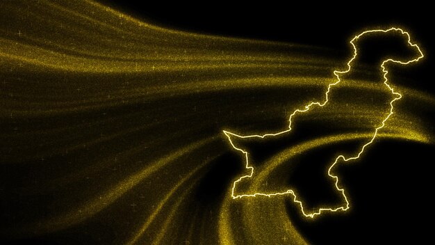 Mapa de Pakistán, mapa de brillo dorado sobre fondo oscuro