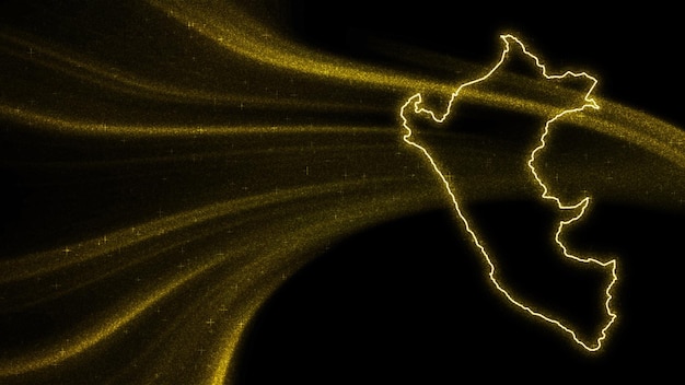 Mapa de Perú, mapa de brillo dorado sobre fondo oscuro