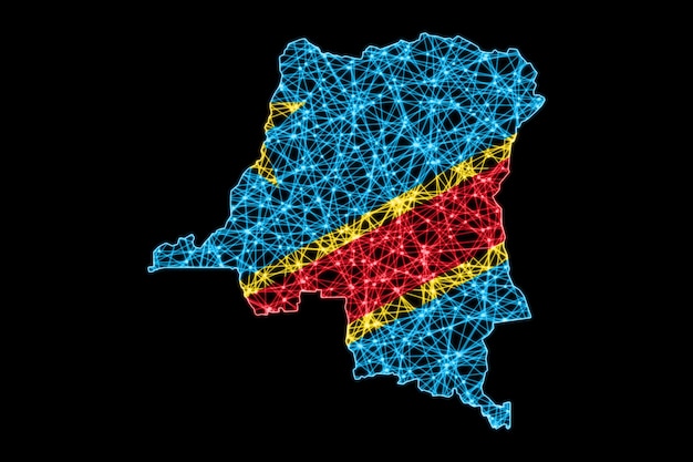 Mapa de la República Democrática del Congo, mapa de líneas de malla poligonal, mapa de banderas