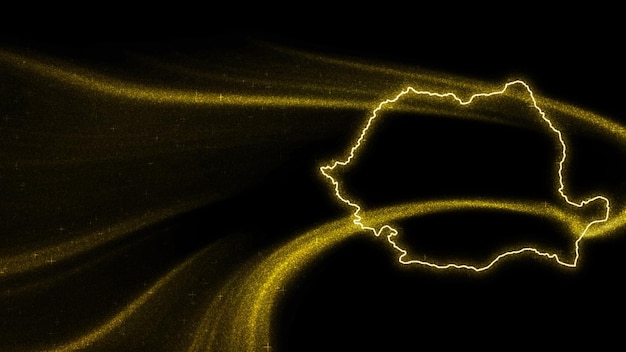 Mapa de Rumania, mapa de brillo dorado sobre fondo oscuro
