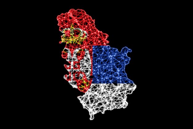 Mapa de Serbia, mapa de línea de malla poligonal, mapa de bandera