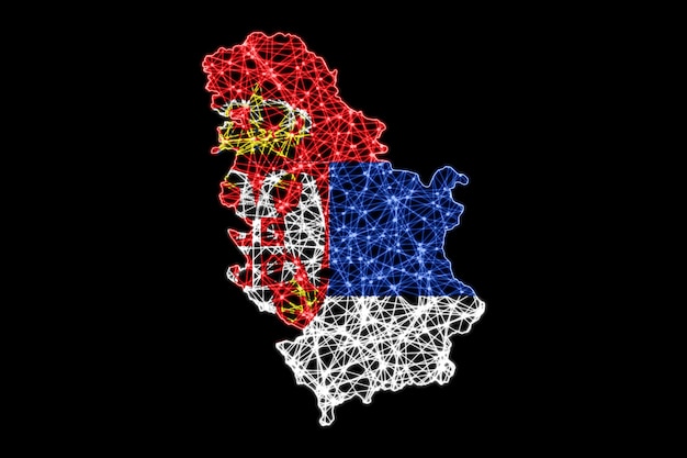 Mapa de Serbia, mapa de línea de malla poligonal, mapa de bandera