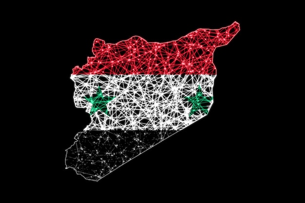 Mapa de Siria, mapa de líneas de malla poligonal, mapa de banderas