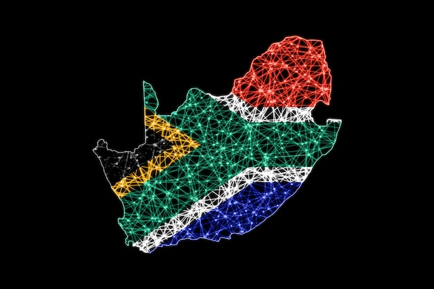 Mapa de Sudáfrica, mapa de líneas de malla poligonal, mapa de banderas