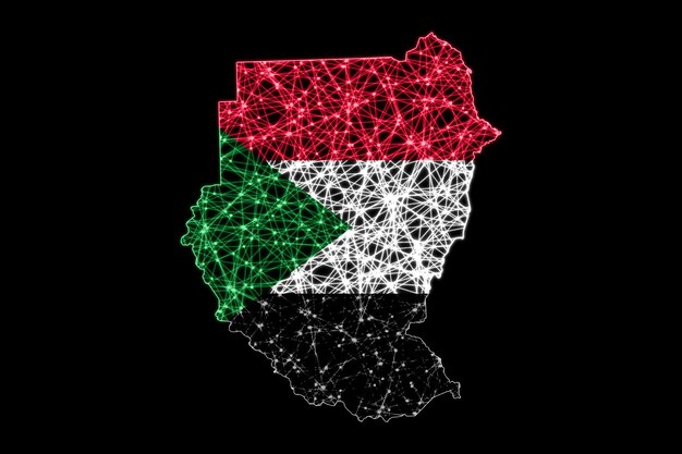 Mapa de Sudán, mapa de líneas de malla poligonal, mapa de banderas