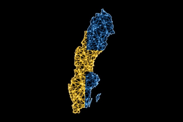 Mapa de Suecia, mapa de líneas de malla poligonal, mapa de banderas