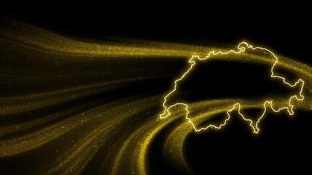 Mapa de Suiza, mapa de brillo dorado sobre fondo oscuro