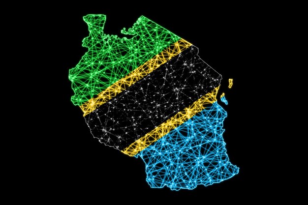 Mapa de Tanzania, mapa de línea de malla poligonal, mapa de bandera