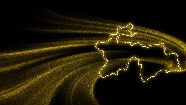 Mapa de Tayikistán, mapa de brillo dorado sobre fondo oscuro