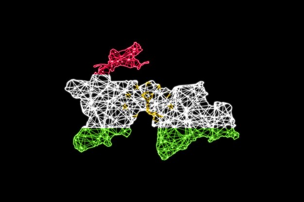 Mapa de Tayikistán, mapa de líneas de malla poligonal, mapa de banderas
