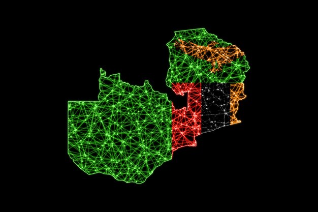 Mapa de Zambia, mapa de líneas de malla poligonal, mapa de banderas