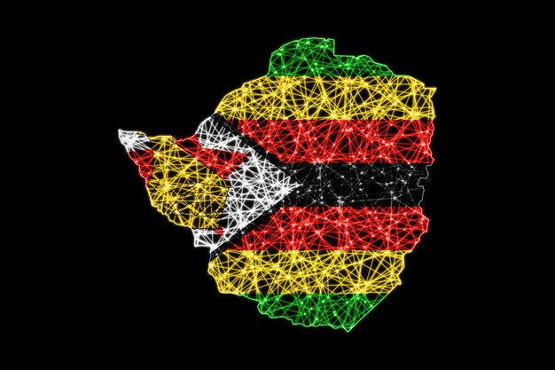 Mapa de Zimbabue, mapa de líneas de malla poligonal, mapa de banderas