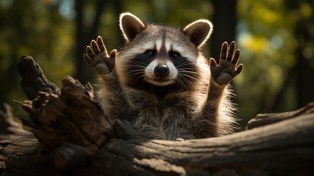 Mapache en el bosque Escena de vida silvestre de la naturaleza salvaje