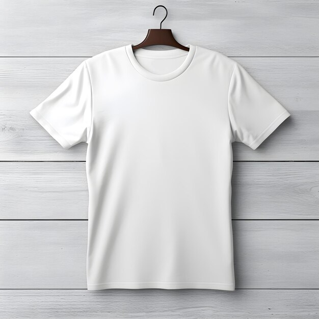 maqueta de camiseta blanca sobre fondo de textura de madera