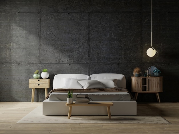 Maqueta interior de dormitorio oscuro, cama blanca sobre fondo de muro de hormigón vacío. representación 3d