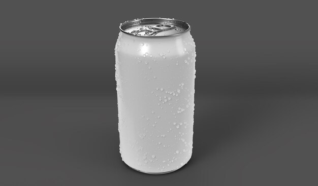 Maqueta de lata de refresco con gotas de agua dulce sobre fondo blanco