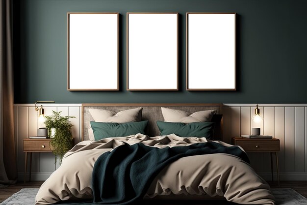 Maqueta de marco en dormitorio moderno con marco de póster vacío Ai generativo
