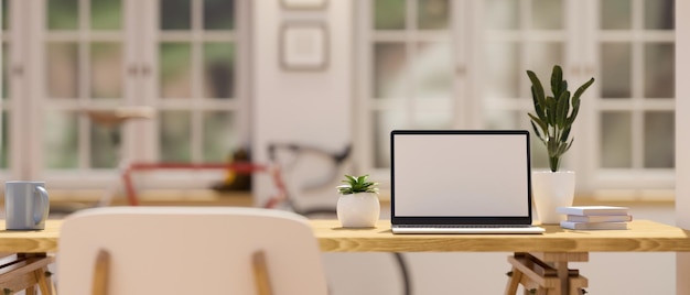 Maqueta de la pantalla en blanco de la computadora portátil en la mesa de madera en la sala de estar mínima y cómoda 3d render