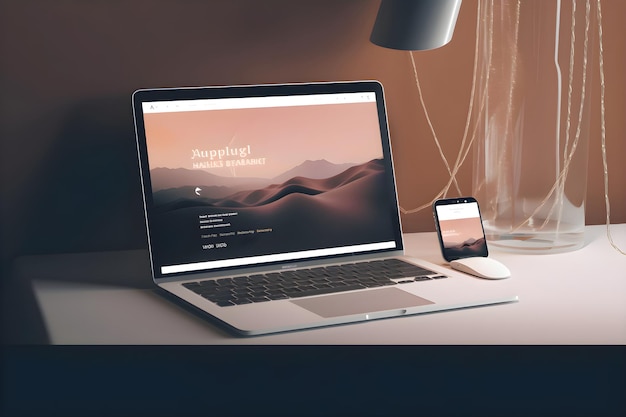 Foto gratuita maqueta de pantalla de computadora portátil con sitio web de diseño web receptivo en la mesa