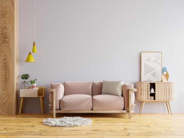 Maqueta de la pared interior de la sala de estar con sofá rosa y decoración. representación 3d