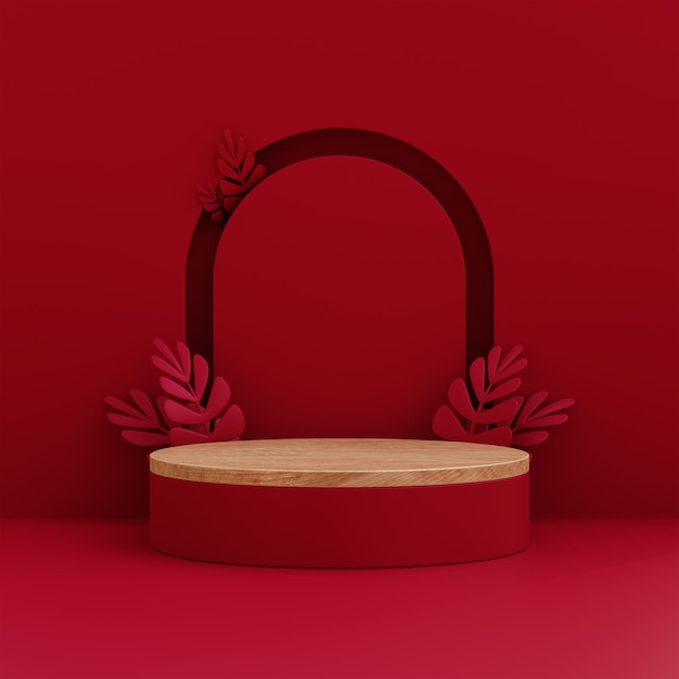 Maqueta de podio rojo de lujo para presentación de productos decorada con renderizado 3D de hojas planas
