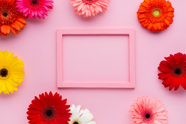 Maqueta rosa enmarcada con flores de gerbera