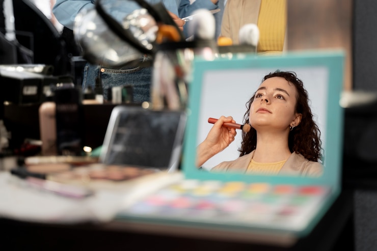 Foto gratuito maquilladora preparando modelo para sesión de fotos