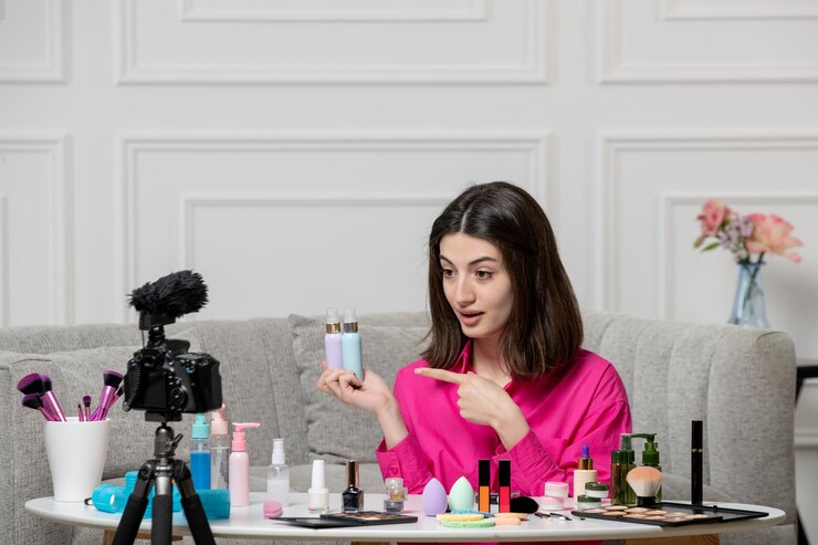Foto gratuito maquillaje blogger hermosa linda morena joven grabando blog en cámara con base