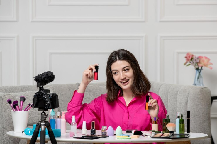 Foto gratuito maquillaje blogger linda encantadora hermosa joven grabando blog en cámara eligiendo de lápiz labial