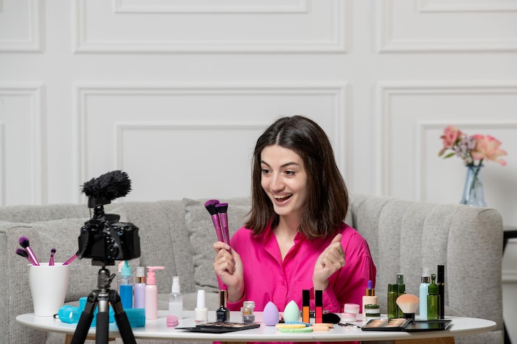 Foto gratuito maquillaje blogger linda encantadora hermosa joven grabando blog en cámara emocionada por los pinceles