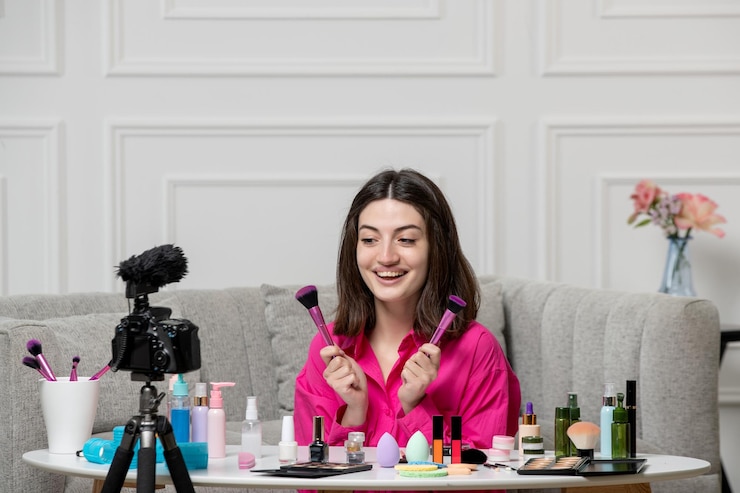 Foto gratuito maquillaje blogger linda encantadora hermosa joven grabando blog en cámara con pinceles