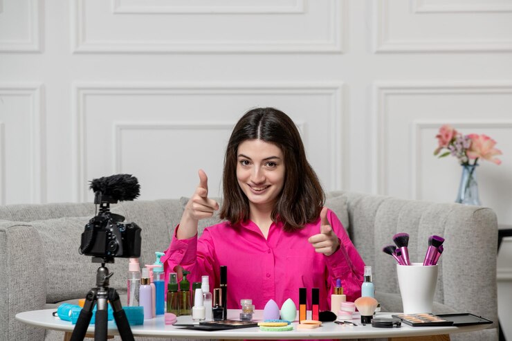 Foto gratuito maquillaje blogger muy lindo morena joven grabando blog en cámara apuntando al frente
