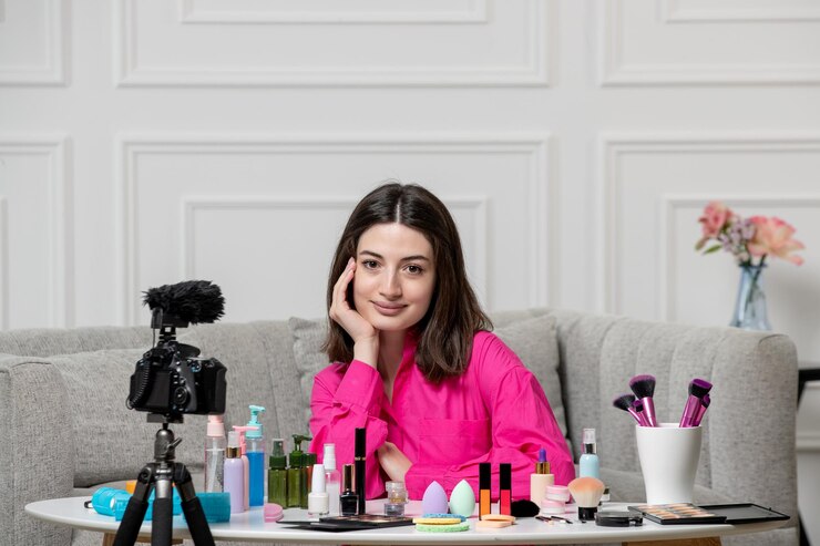 Foto gratuito maquillaje blogger muy lindo morena joven grabando blog en cámara sonriendo