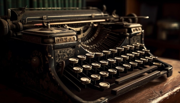 La máquina de escribir antigua escribe letras metálicas en papel generado por IA