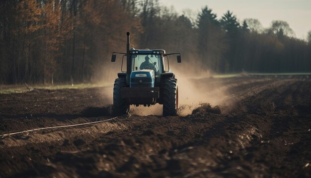 Maquinaria agrícola conduce a través de un paisaje rural sucio generado por IA