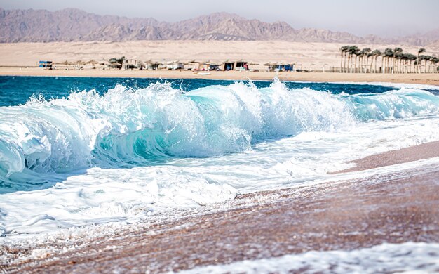 Mar embravecido con olas espumosas en tiempo soleado. Vista de la costa con montañas.