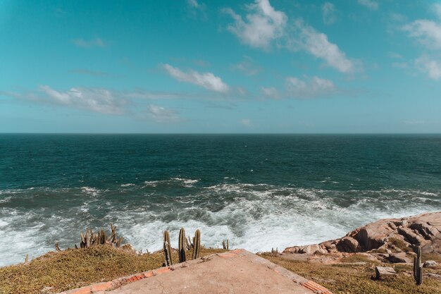 Mar rodeado de colinas cubiertas de cactus y rocas bajo un cielo azul y la luz del sol