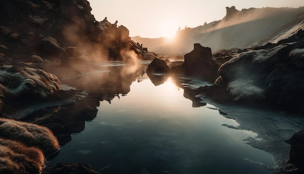 Maravilloso acantilado de playa refleja colorido atardecer de otoño generado por IA