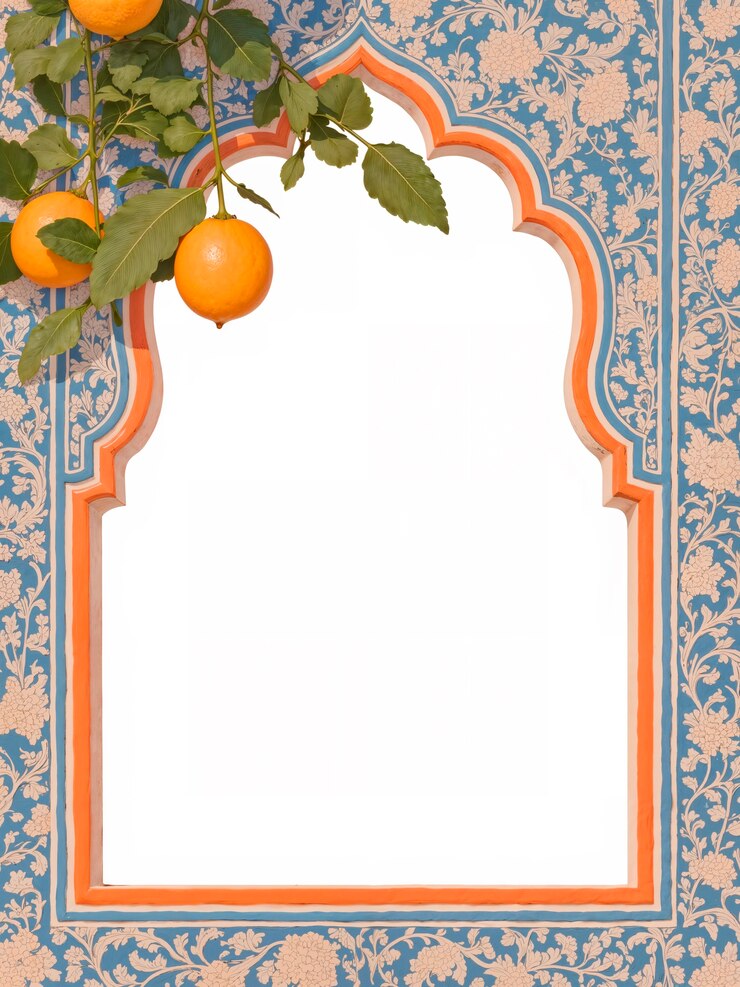 Marco adornado con frutas cítricas y decoración floral