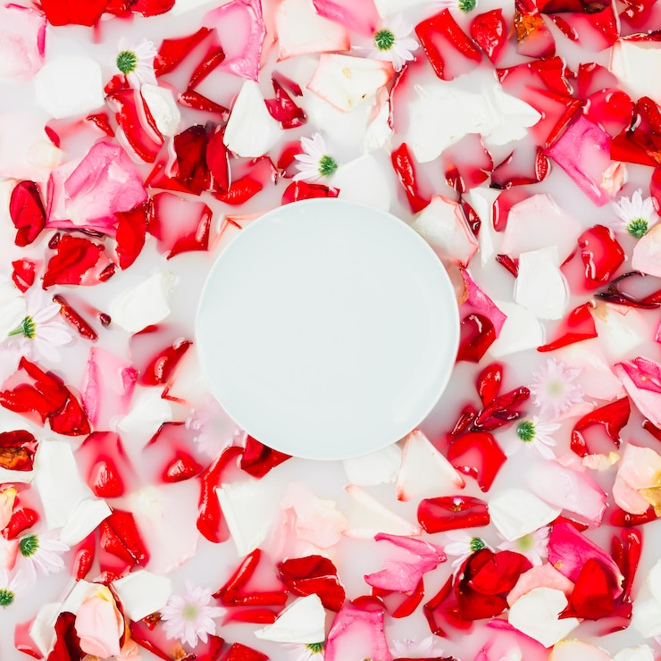 Foto gratuito marco circular blanco sobre pétalos de colores