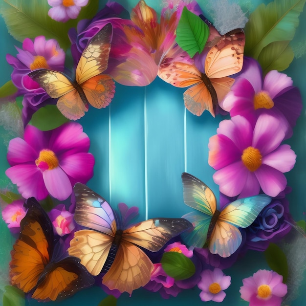 Un marco colorido con mariposas está hecho de flores y hojas.