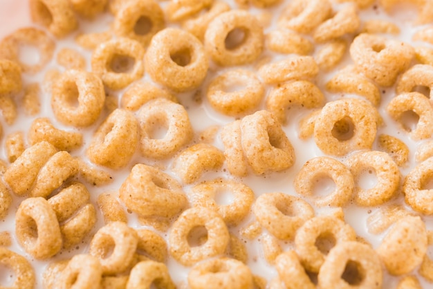 Marco completo de anillos de cereal de maíz en la profundidad de la leche