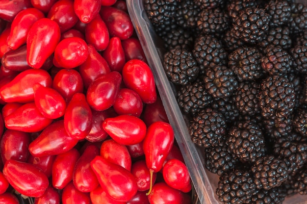 Marco completo de moras y manzanas rosas rojas.