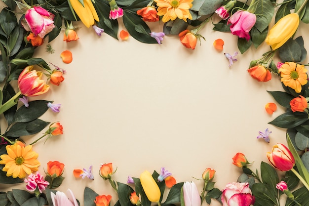 Marco de diferentes flores sobre mesa.