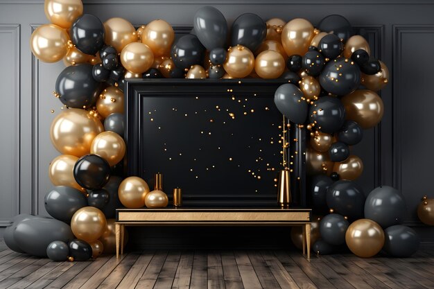 marco festivo en blanco con decoración de globos negros y dorados en la habitación interior