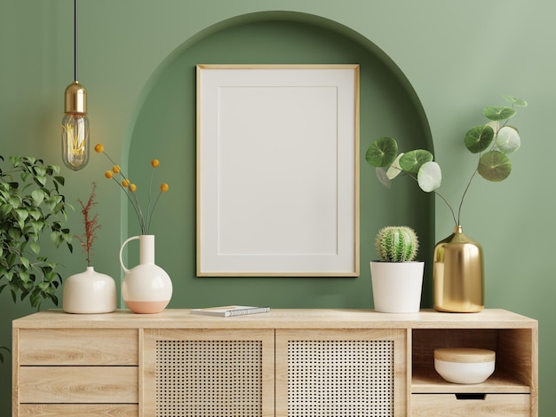 Marco de fotos de maqueta pared verde montado en el gabinete de madera