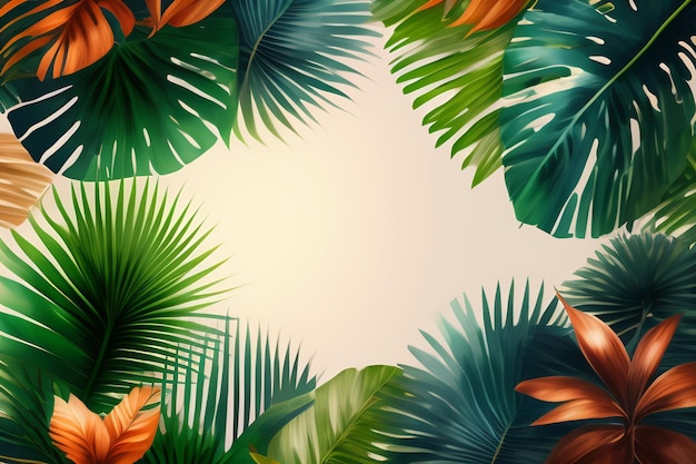 Marco con hojas tropicales en una ilustración de vector de fondo blanco