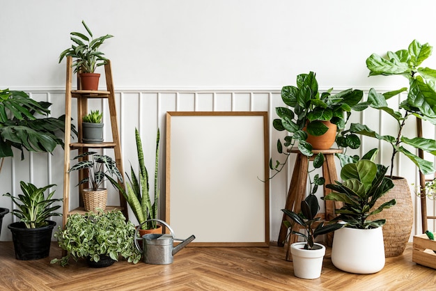 Marco de imagen en blanco por una esquina de plantas de interior sobre un piso de parquet