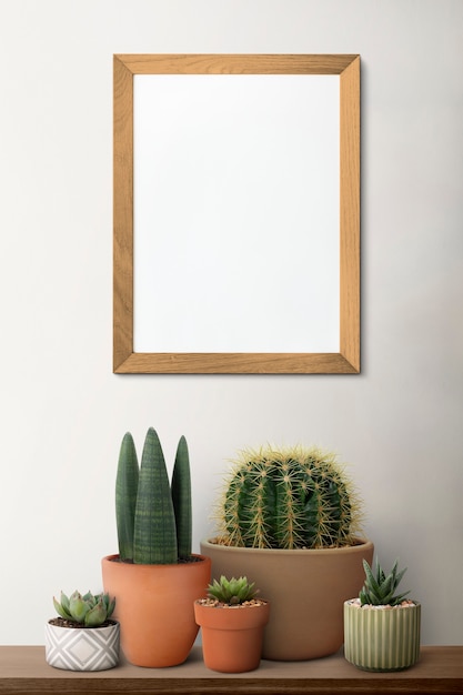 Foto gratuita marco de madera en blanco en un estante con cactus