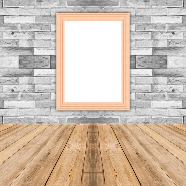 El marco de madera en blanco de la foto del maíz que se inclina en la pared de ladrillo blanca, maqueta de la plantilla para agregar su diseño y deja el espacio al lado del marco para agregar más texto.